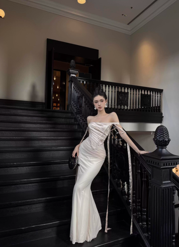 Apricot Gentle Mermaid Off the Shoulder Satin Prom Dress Evening Dress HZ1023